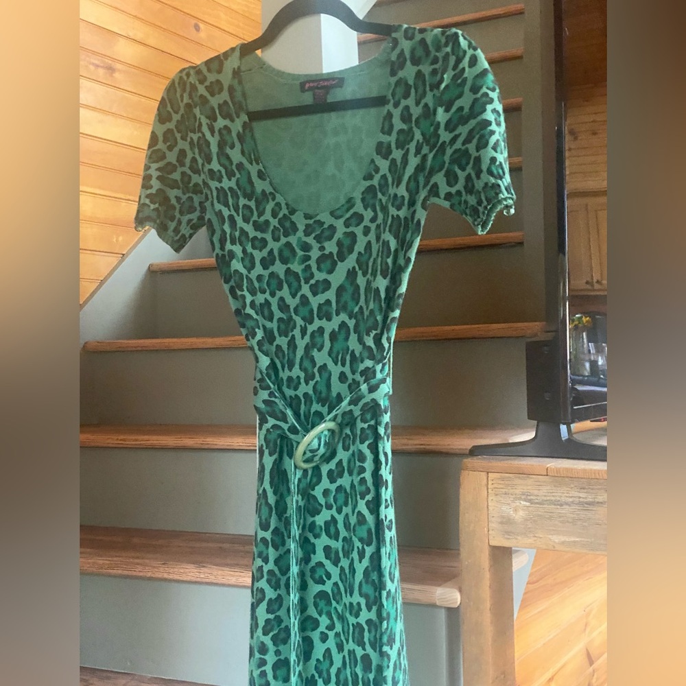 Vintage Betsey Johnson Green Leopard Print Sweater Dress S/P